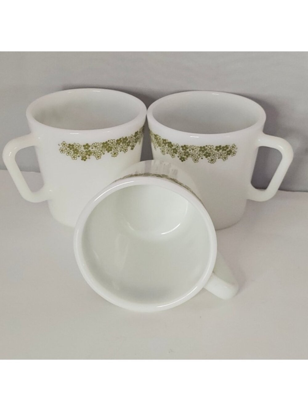 3 Corelle Spring Blossom Green Mugs by Pyrex Vintage Milk Glass Coffee Cups 80s - Picture 3 of 6